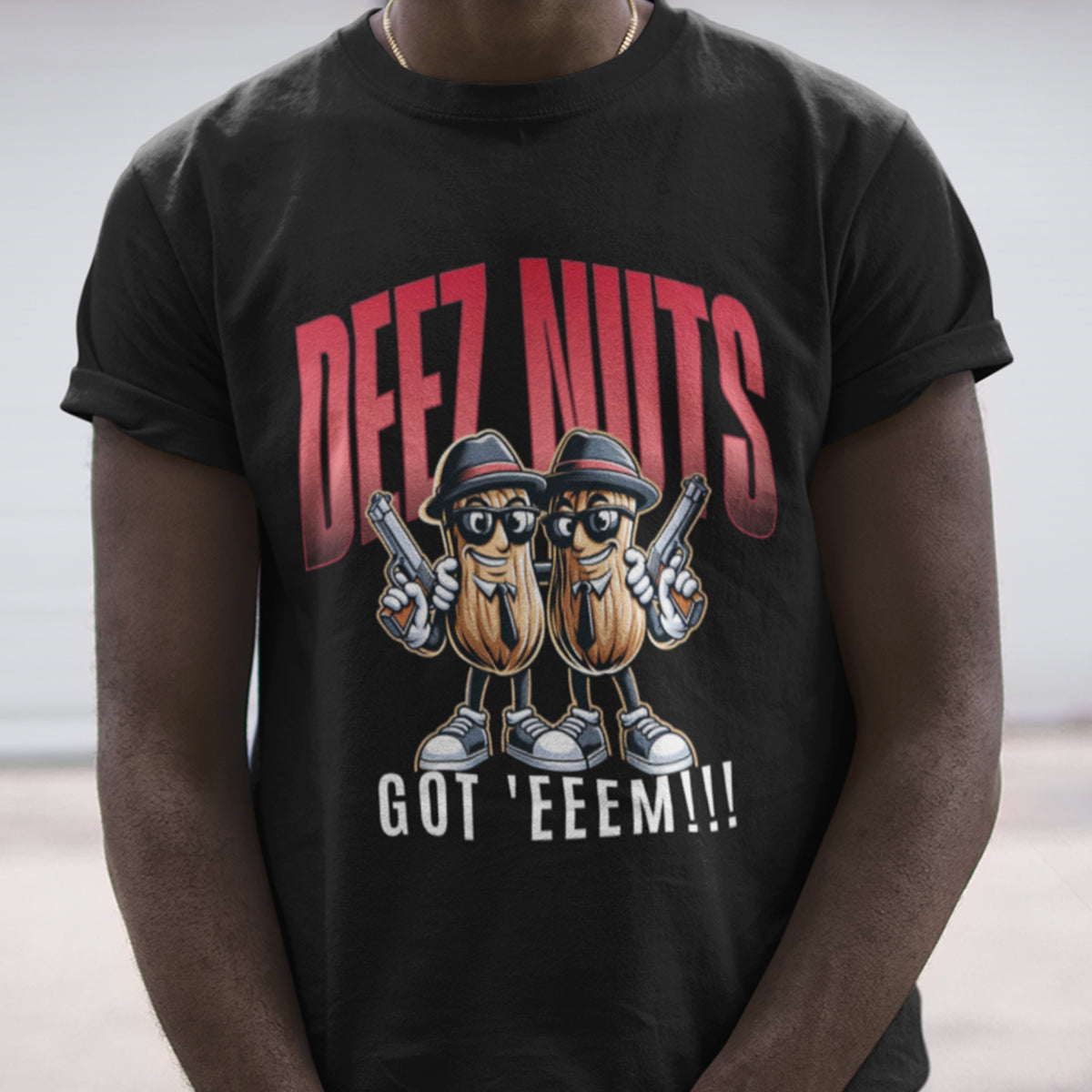 Black Crew Neck 'Deez Nuts' Funny Graphic T-shirt, image size:1200x1200
