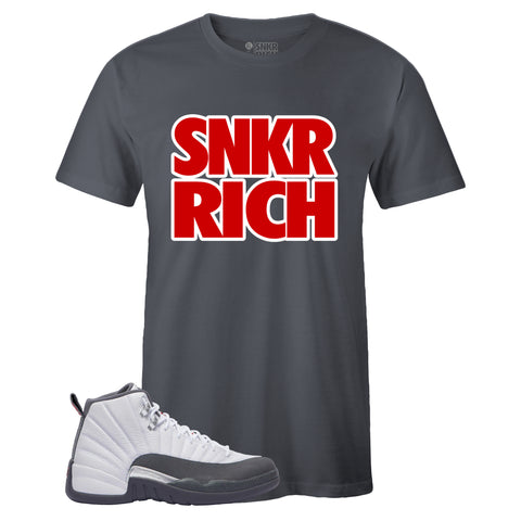 Grey Crew Neck SNKR RICH T-shirt To Match Air Jordan Retro 12 White Dark Grey