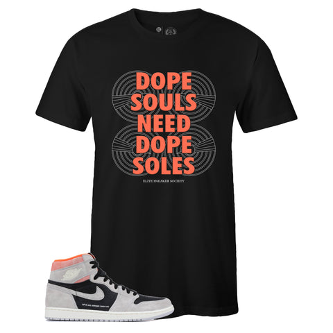 Black Crew Neck DOPE SOLES T-shirt To Match Air Jordan Retro 1 High OG Hyper Crimson