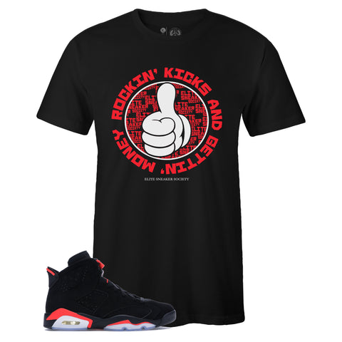 Black Crew Neck ROCKIN KICKS T-shirt To Match Air Jordan Retro 6 Black Infrared