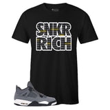 Black Crew Neck SNKR RICH T-shirt To Match Air Jordan Retro 4 Cool Grey