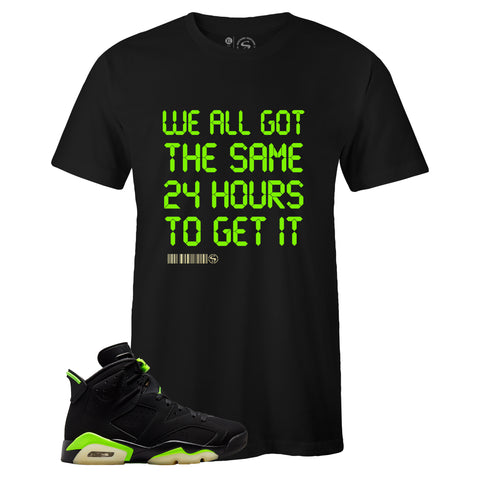 Black Crew Neck 24 HOURS T-shirt to Match Air Jordan Retro 6 Electric Green
