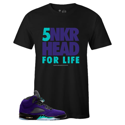 Black Crew Neck SNKR HEAD FOR LIFE T-shirt to Match Air Jordan Retro 5 Alternate Grape