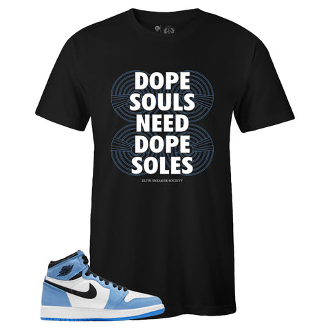 Black Crew Neck DOPE SOLES T-shirt to Match Air Jordan Retro 1 University Blue