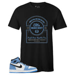 Black Crew Neck ELITE SNEAKER SOCIETY T-shirt to Match Air Jordan Retro 1 University Blue