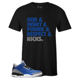 Black Crew Neck GOD MONEY T-shirt to Match Air Jordan Retro 3 Blue Cement