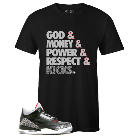 Black Crew Neck GOD MONEY T-shirt To Match Air Jordan Retro 3 Black Cement