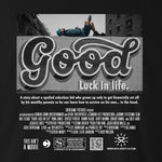 Black Crew Neck GOOD LUCK IN LIFE Graphic Novelty T-shirt