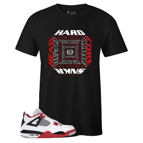Black Crew Neck HARDCORE SNKRHEAD T-shirt to Match Air Jordan Retro 4 Fire Red