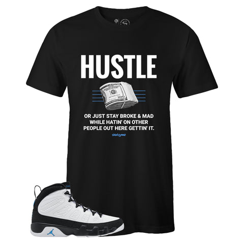 Black Crew Neck HUSTLE T-shirt to Match Air Jordan Retro 9 University Blue