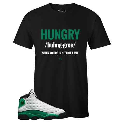 Black Crew Neck HUNGRY T-shirt to Match Air Jordan Retro 13 Lucky Green