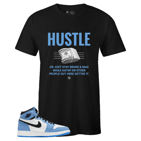 Black Crew Neck HUSTLE T-shirt to Match Air Jordan Retro 1 University Blue