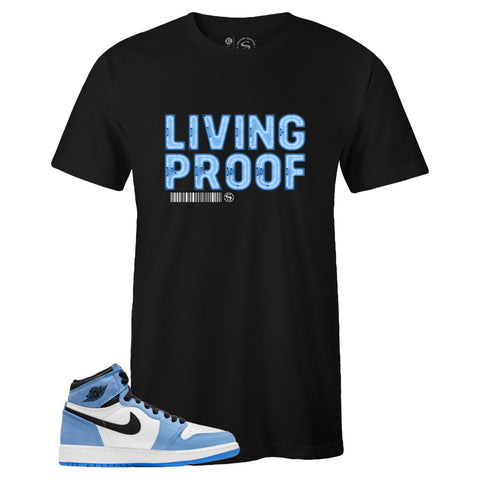 Black Crew Neck LIVING PROOF T-shirt to Match Air Jordan Retro 1 University Blue