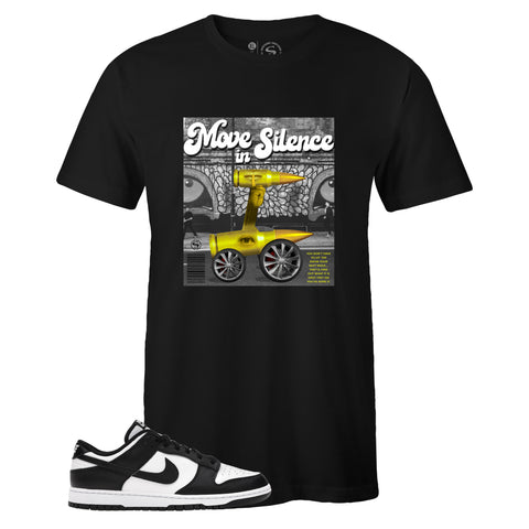 Black Crew Neck MOVE IN SILENCE T-shirt to Match Nike SB Dunk Low Black White