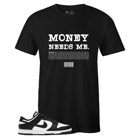 Black Crew Neck MONEY NEEDS ME T-shirt to Match Nike SB Dunk Low Black White