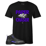 Black Crew Neck PAPER CHASER T-shirt to Match Air Jordan Retro 12 Dark Concord