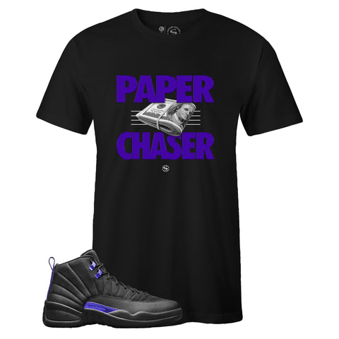 Black Crew Neck PAPER CHASER T-shirt to Match Air Jordan Retro 12 Dark Concord