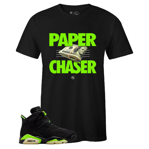 Black Crew Neck PAPER CHASER T-shirt to Match Air Jordan Retro 6 Electric Green