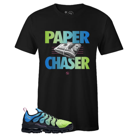 Black Crew Neck PAPER CHASER T-shirt To Match Air VaporMax Plus Aurora Green