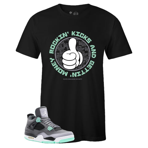 Black Crew Neck ROCKIN' KICKS T-shirt To Match Air Jordan Retro 4 Green Glow