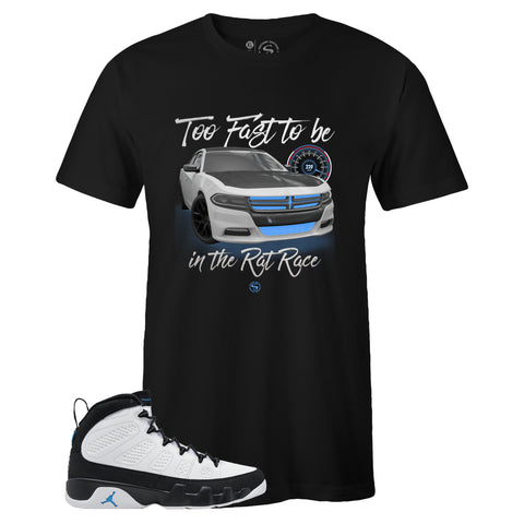 Black Crew Neck RAT RACE T-shirt to Match Air Jordan Retro 9 University Blue