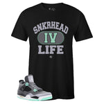 Black Crew Neck SNKRHEAD IV LIFE T-shirt To Match Air Jordan Retro 4 Green Glow