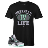 Black Crew Neck SNKRHEAD IV LIFE T-shirt To Match Air Jordan Retro 4 Green Glow