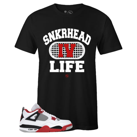 Black Crew Neck SNKRHEAD IV LIFE T-shirt to Match Air Jordan Retro 4 Fire Red