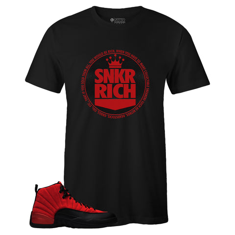 Black Crew Neck SNKR RICH T-shirt to Match Air Jordan Retro 12 Reverse Flu Game
