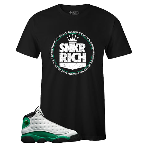 Black Crew Neck SNKR RICH T-shirt to Match Air Jordan Retro 13 Lucky Green