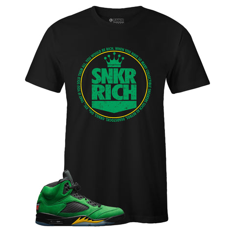 Black Crew Neck SNKR RICH T-shirt to Match Air Jordan Retro 5 Oregon Ducks