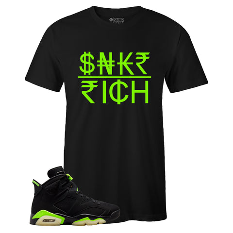 Black Crew Neck SNKR RICH Currency T-shirt to Match Air Jordan Retro 6 Electric Green
