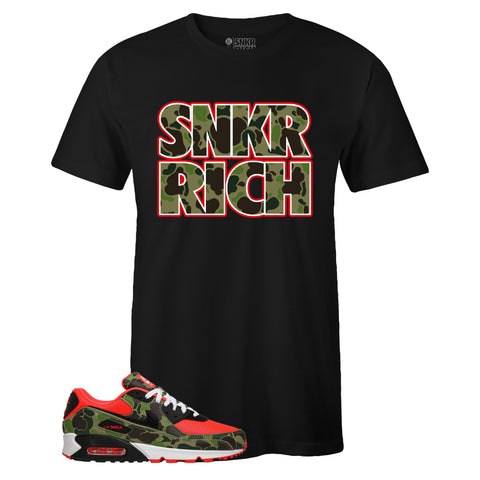 Black Crew Neck SNKR RICH T-shirt to Match Air Max 90 Reverse Duck Camo