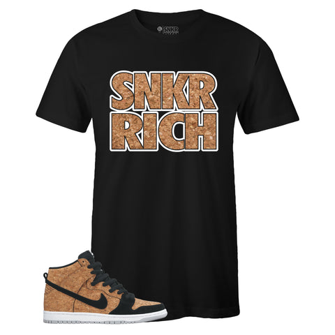 Black Crew Neck SNKR RICH T-shirt to Match Nike SB Dunk High Premium Cork