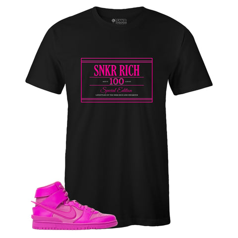 Black Crew Neck SNKR RICH 100 T-shirt to Match Ambush x Nike Dunk High Lethal Pink