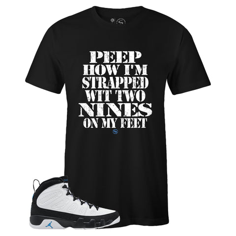 Black Crew Neck STRAPPED T-shirt to Match Air Jordan Retro 9 University Blue
