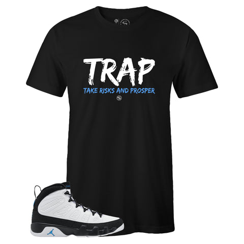 Black Crew Neck TRAP T-shirt to Match Air Jordan Retro 9 University Blue