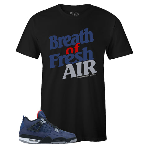 Black Crew Neck BREATH OF FRESH AIR T-shirt To Match Air Jordan Retro 4 WNTR Loyal Blue