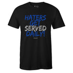 Black Crew Neck HATERS GET SERVED DAILY T-shirt To Match Air Jordan Retro 5 Blue Suede
