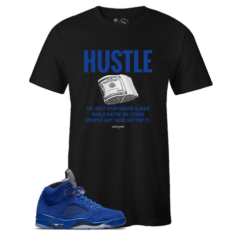 Black Crew Neck HUSTLE Sneaker T-shirt To Match Air Jordan Retro 5 Blue Suede