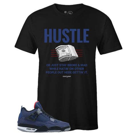 Black Crew Neck HUSTLE T-shirt To Match Air Jordan Retro 4 WNTR Loyal Blue