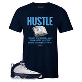 Navy Crew Neck HUSTLE T-shirt To Match Air Jordan Retro 9 UNC Pearl Blue