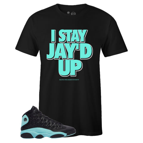 Black Crew Neck JAY'D UP T-shirt To Match Air Jordan Retro 13 Island Green