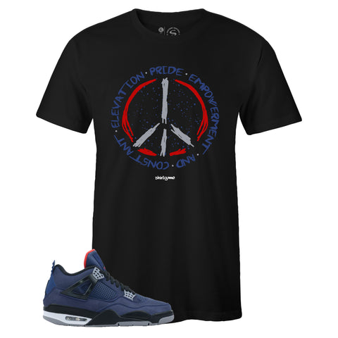 Black Crew Neck PEACE T-shirt To Match Air Jordan Retro 4 WNTR Loyal Blue
