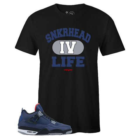 Black Crew Neck SNKRHEAD IV LIFE T-shirt To Match Air Jordan Retro 4 WNTR Loyal Blue