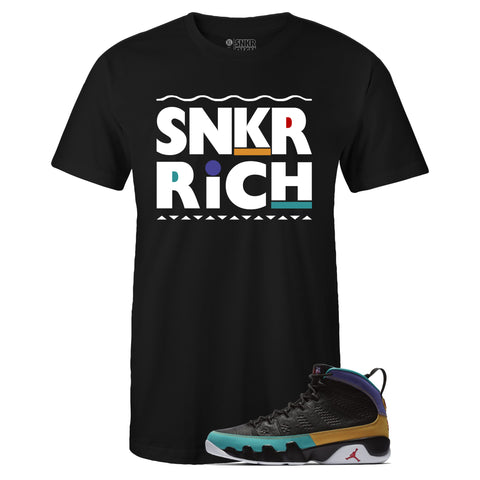 Black Crew Neck SNKR RICH T-shirt To Match Air Jordan Retro 9 Dream It Do It Flight Nostalgia