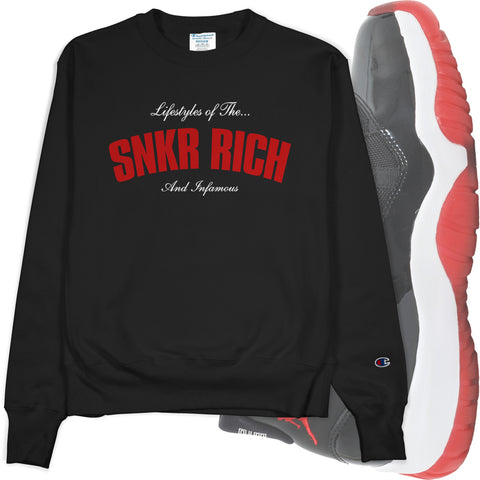 Black Crew Neck SNKR RICH Lifestyle Champion Sweatshirt to Match Bred 11