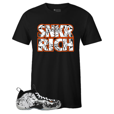 Black Crew Neck SNKR RICH T-shirt To Match Air Foamposite One Shattered Backboard