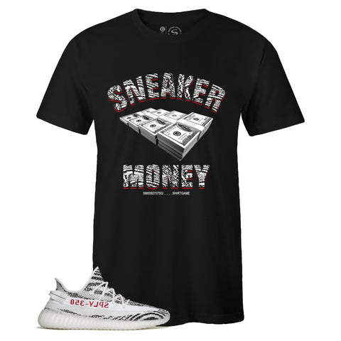 Black Crew Neck SNEAKER MONEY T-shirt to Match Yeezy Boost 350 v2 Zebra