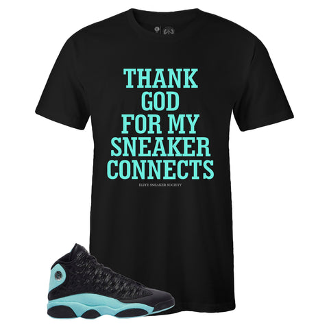 Black Crew Neck THANK GOD T-shirt To Match Air Jordan Retro 13 Island Green